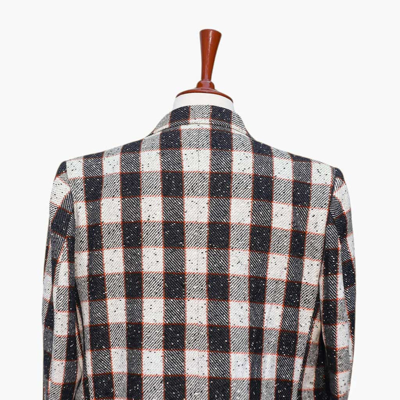 Mens Blazer Plaid Black Ivory Orange Wool Formal Jacket Wedding Sport Coat 46R
