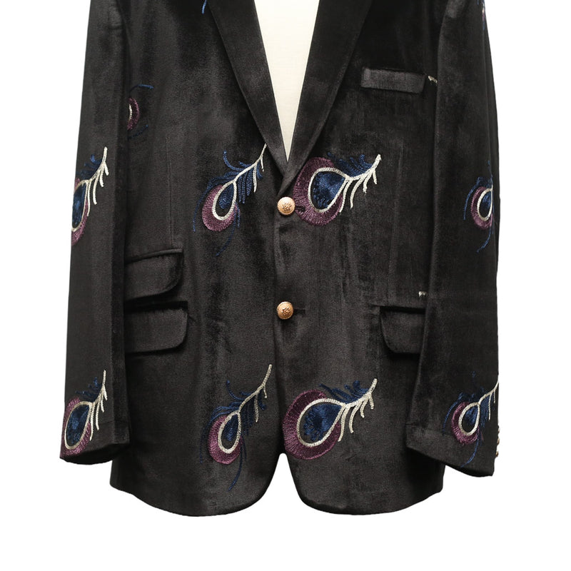 Mens Blazer Black Peacock Embroidered Velvet Designer Dress Formal Suit Jacket Wedding Sport Coat 46R