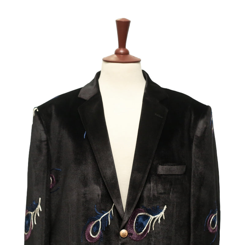 Mens Blazer Black Peacock Embroidered Velvet Designer Dress Formal Suit Jacket Wedding Sport Coat 46R