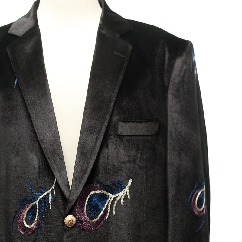 Mens Blazer Black Peacock Embroidered Velvet Designer Dress Formal Suit Jacket Wedding Sport Coat 46R