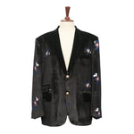 Mens Blazer Black Floral Embroidered Velvet Designer Dress Formal Suit Jacket Wedding Sport Coat 46R