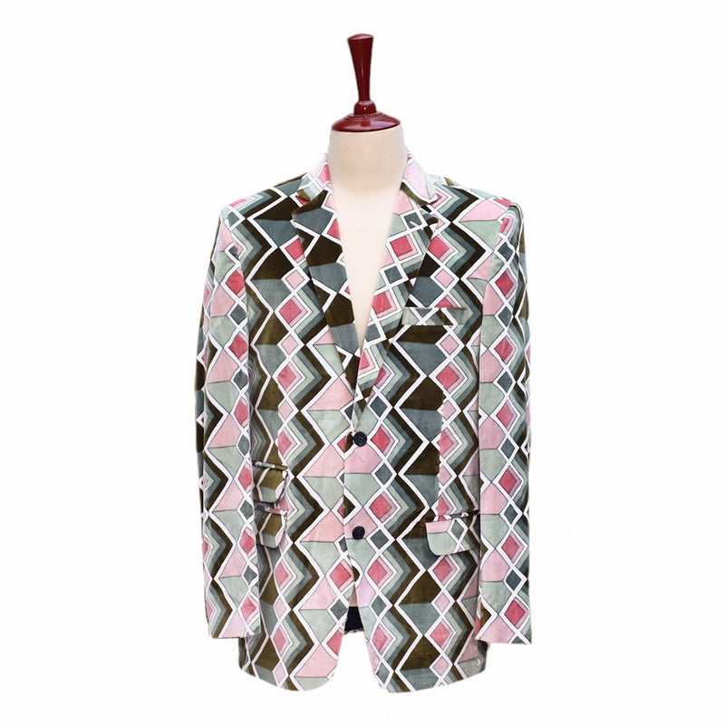 Mens Velvet Blazer Green Pink Geometric Abstract Wedding Party Jacket Sport Coat 42R