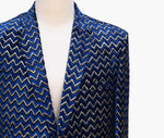 Mens Blazer Blue Gold Velvet Chevron Print Formal Party Jacket Wedding Sport Coat 42R
