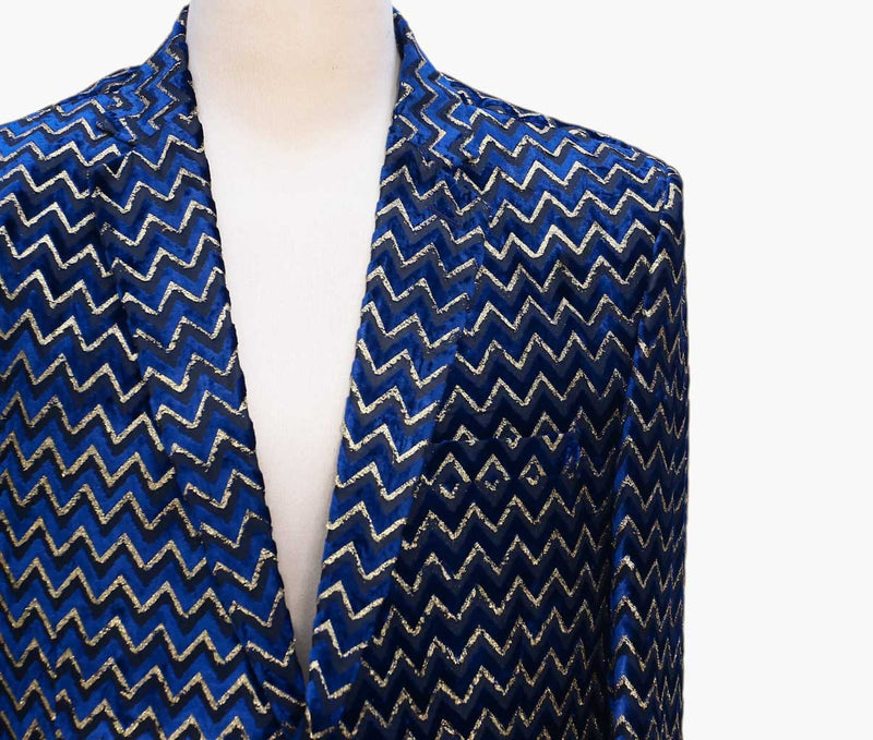 Mens Blazer Blue Gold Velvet Chevron Print Formal Party Jacket Wedding Sport Coat 42R