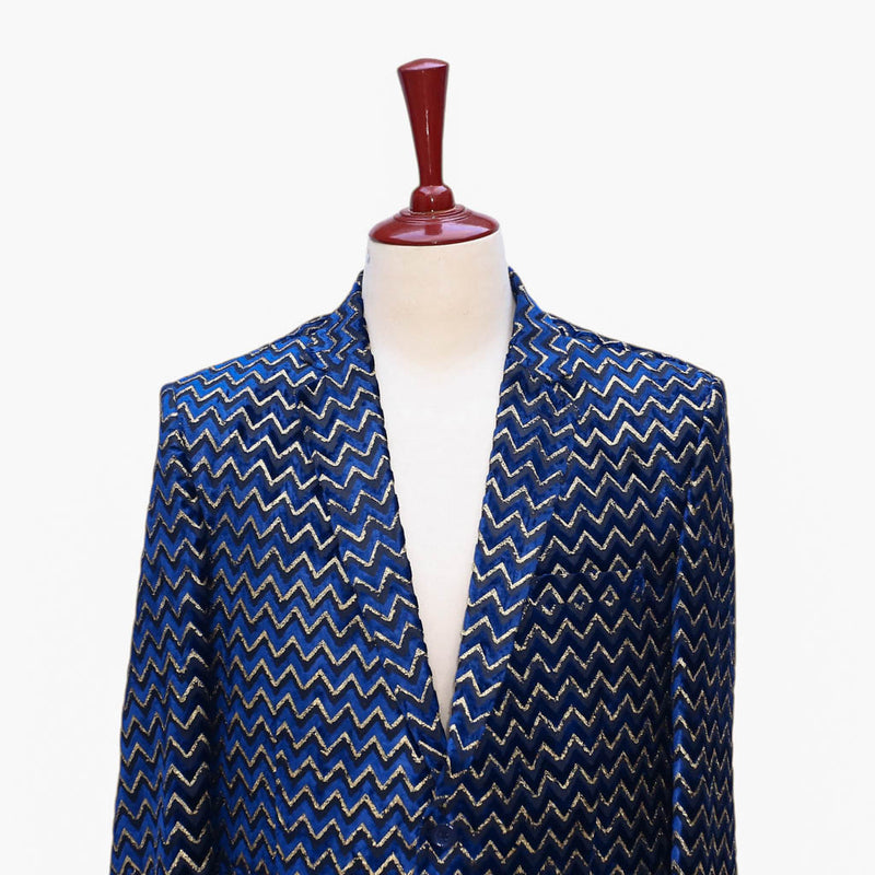 Mens Blazer Blue Gold Velvet Chevron Print Formal Party Jacket Wedding Sport Coat 42R