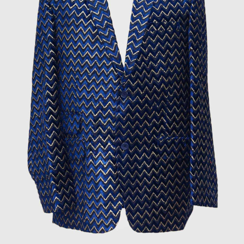 Mens Blazer Blue Gold Velvet Chevron Print Formal Party Jacket Wedding Sport Coat 42R