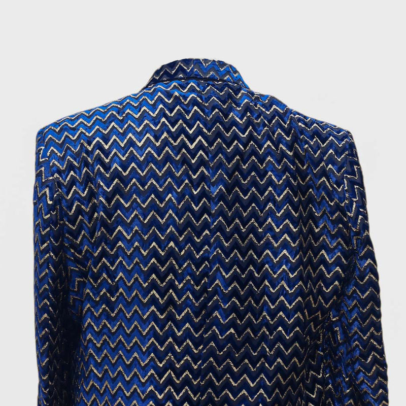 Mens Blazer Blue Gold Velvet Chevron Print Formal Party Jacket Wedding Sport Coat 42R