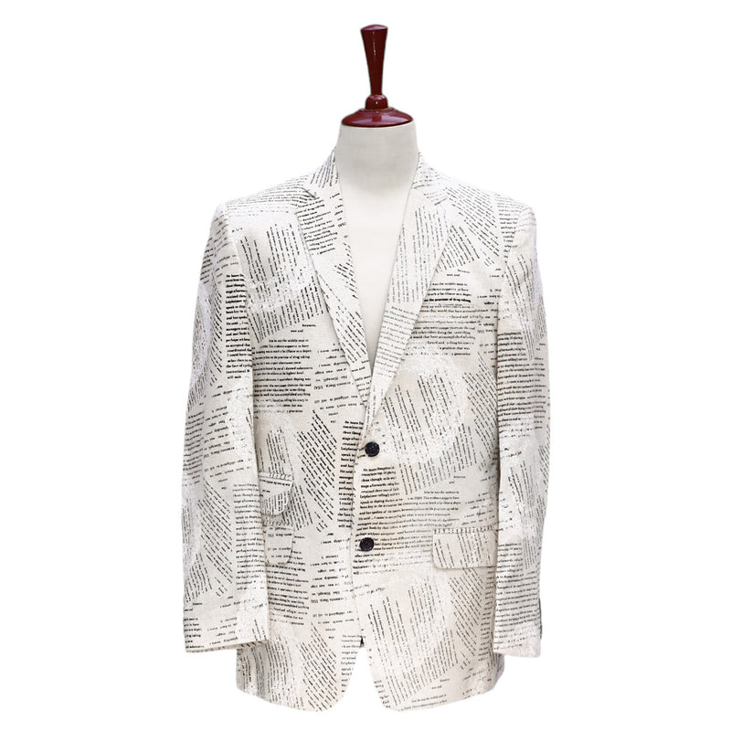 Mens Blazer Ivory Newpaper Print Cotton Formal Party Jacket Wedding Sport Coat 42R
