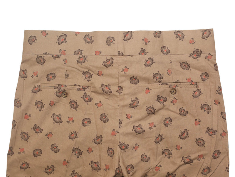 Men's Gurkha Pants Beige Red Floral Cotton Slim High Waist Flat Front Dress Trousers 36