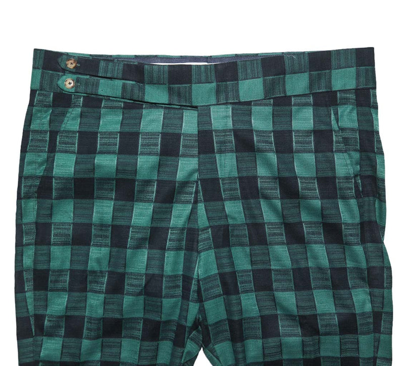 Men's Gurkha Pants Green Blue Plaid Check Geometric Slim High Waist Flat Front Dress Trousers 38