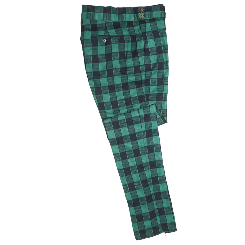 Men's Gurkha Pants Green Blue Plaid Check Geometric Slim High Waist Flat Front Dress Trousers 38