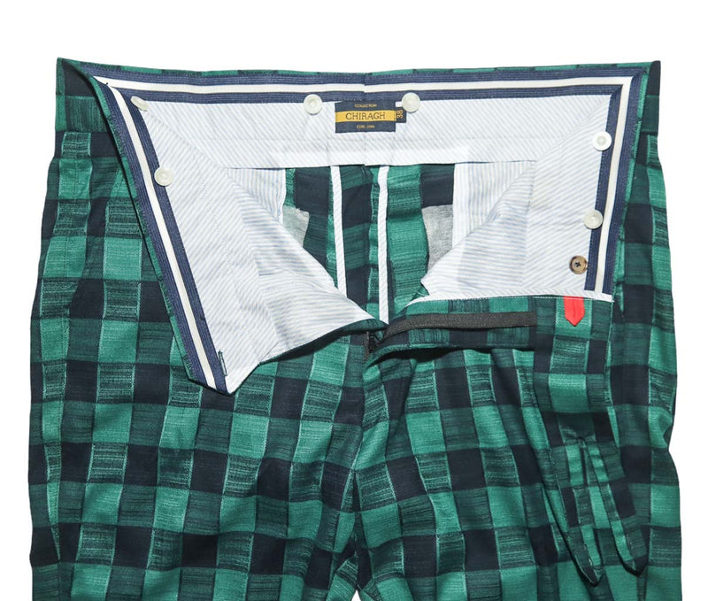 Men's Gurkha Pants Green Blue Plaid Check Geometric Slim High Waist Flat Front Dress Trousers 38