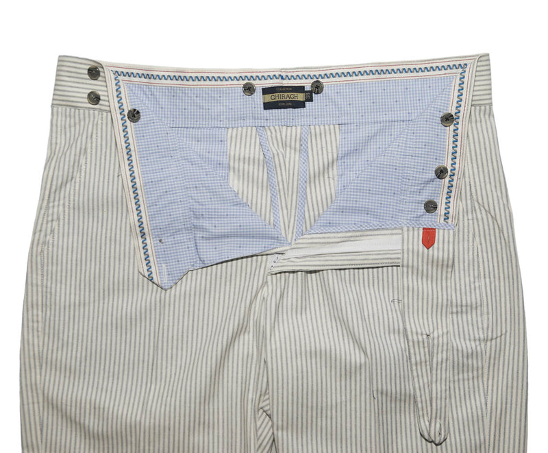 Men's Gurkha Pants Beige Black Striped Cotton Slim High Waist Flat Front Dress Trousers 38