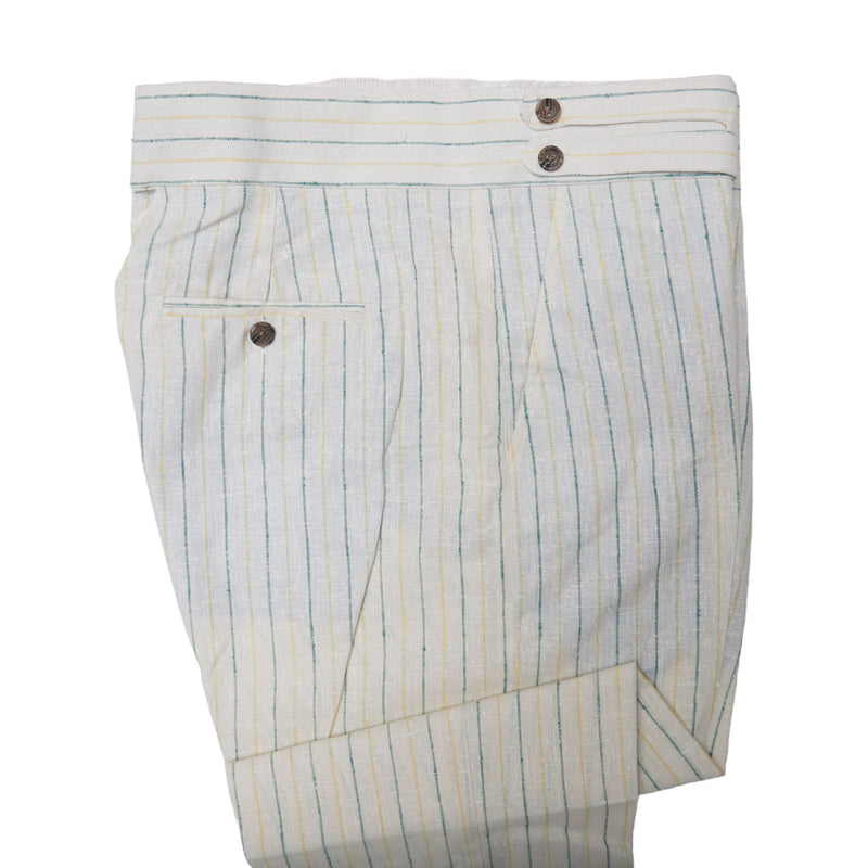 Men's Gurkha Pants Beige Green Yellow Striped Slim High Waist Flat Front Dress Trousers 38