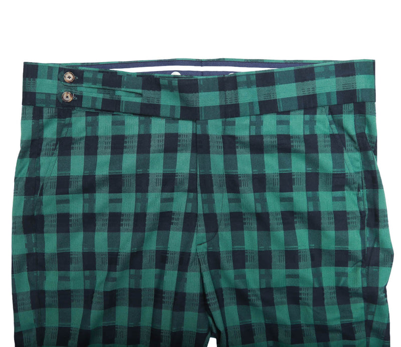 Men's Gurkha Pants Green Blue Check Cotton Slim High Waist Flat Front Dress Trousers 38