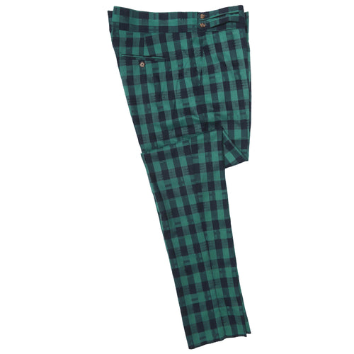 Men's Gurkha Pants Green Blue Check Cotton Slim High Waist Flat Front Dress Trousers 38