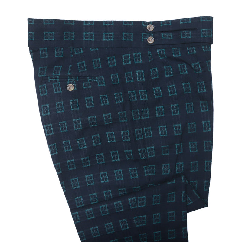 Men's Gurkha Pants Blue Green Geometric Wool Slim High Waist Flat Front Dress Trousers 38