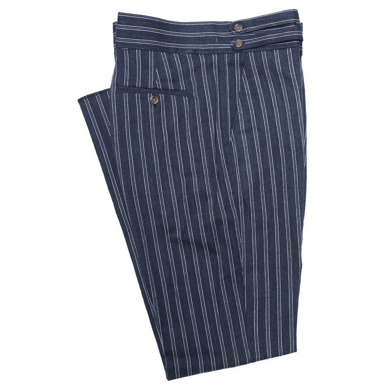 Men's Gurkha Pants Blue White Striped Cotton Slim High Waist Flat Front Dress Trousers 38