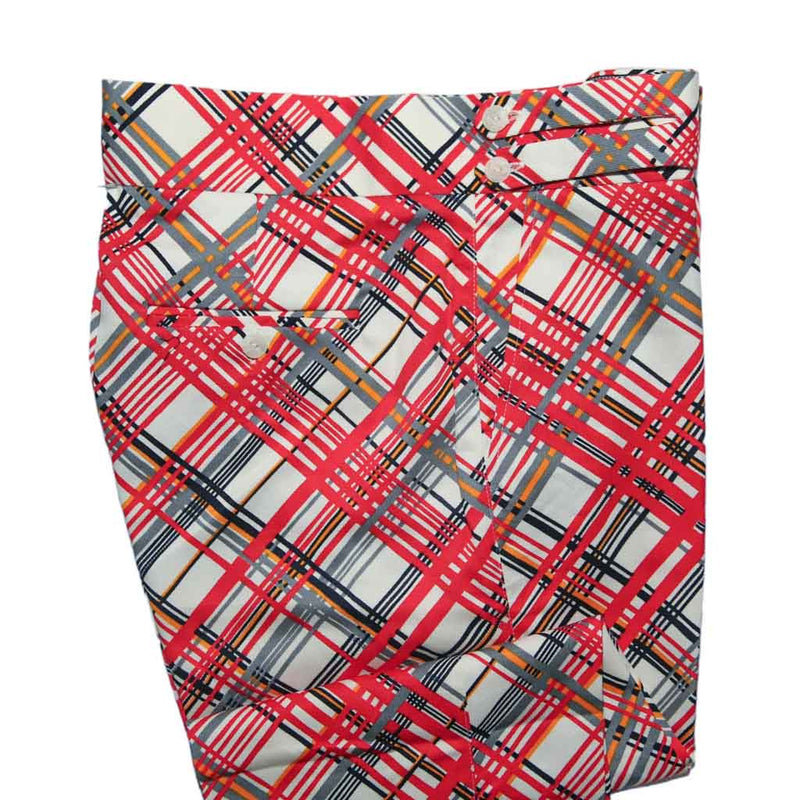 Men's Gurkha Pants Red White Plaid Check Slim High Waist Flat Front Dress Trousers 36