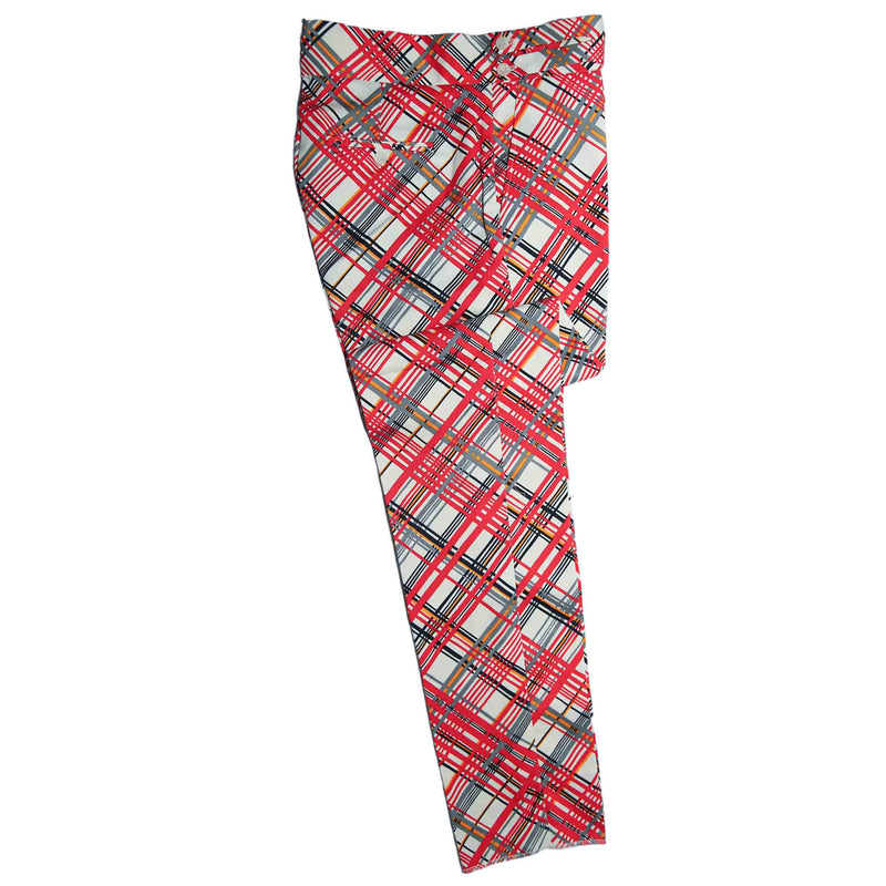 Men's Gurkha Pants Red White Plaid Check Slim High Waist Flat Front Dress Trousers 36