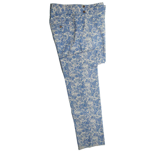 Men's Gurkha Pants Blue White Paisley Slim High Waist Flat Front Dress Trousers 36