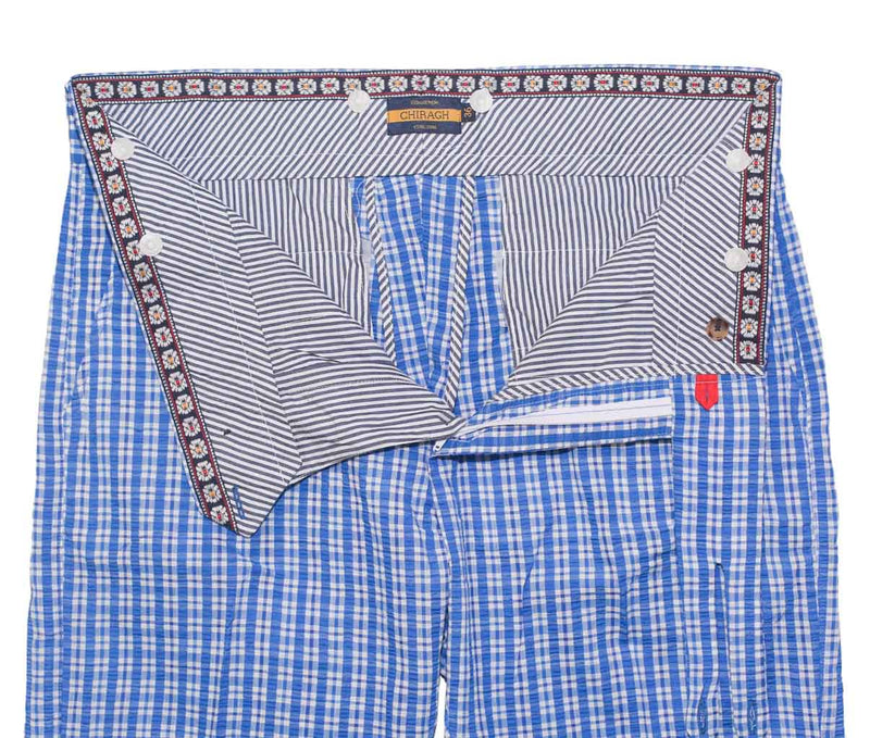 Men's Gurkha Pants Blue White Plaid Check Slim High Waist Flat Front Dress Trousers 36