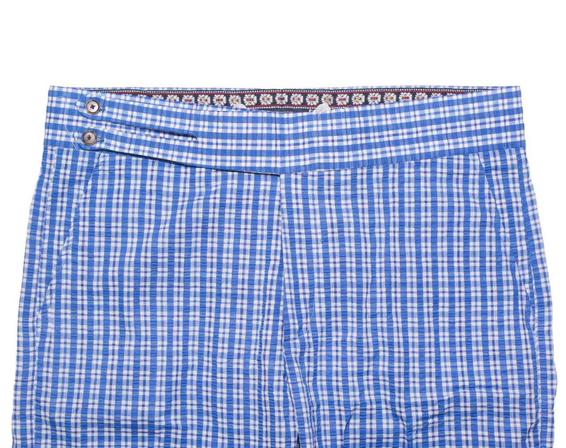 Men's Gurkha Pants Blue White Plaid Check Slim High Waist Flat Front Dress Trousers 36