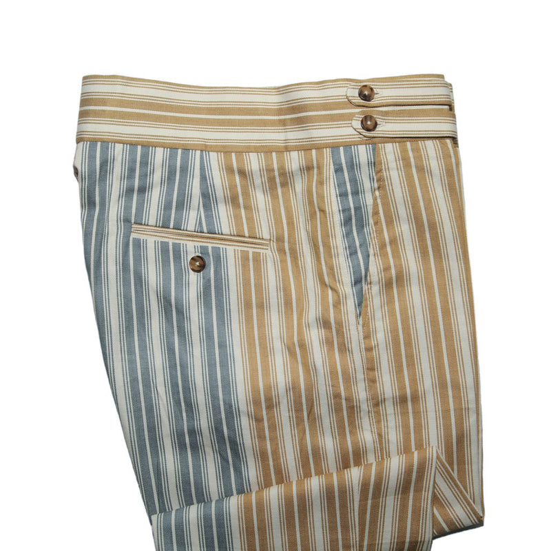 Men's Gurkha Pants Orange Blue Striped Slim High Waist Flat Front Dress Trousers 36
