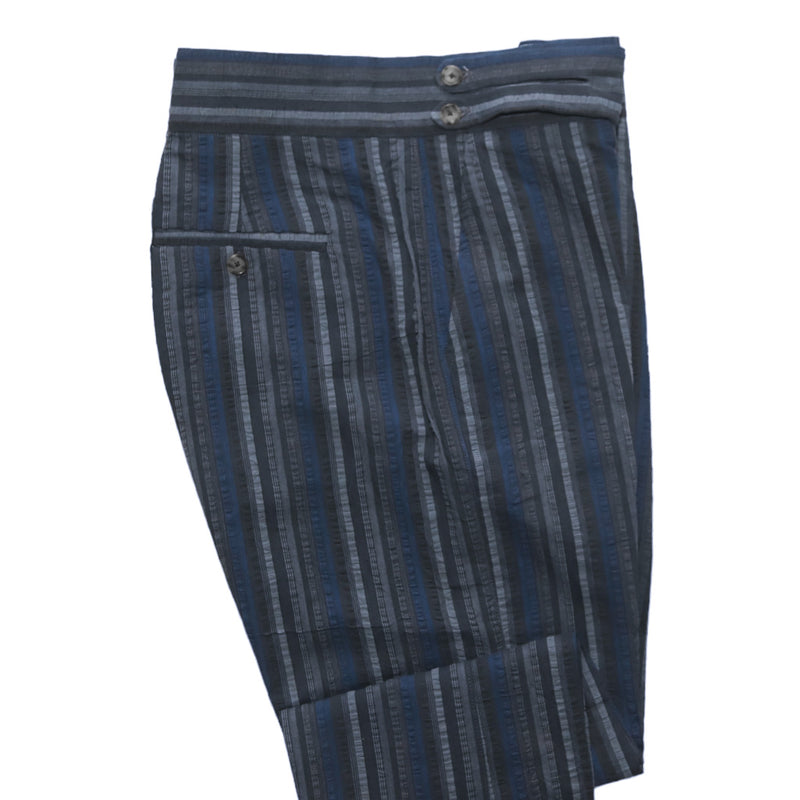 Men's Gurkha Pants Gray Blue Striped Slim High Waist Flat Front Dress Trousers 36