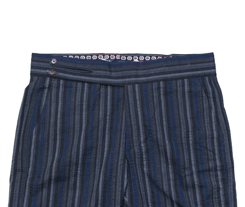 Men's Gurkha Pants Gray Blue Striped Slim High Waist Flat Front Dress Trousers 36
