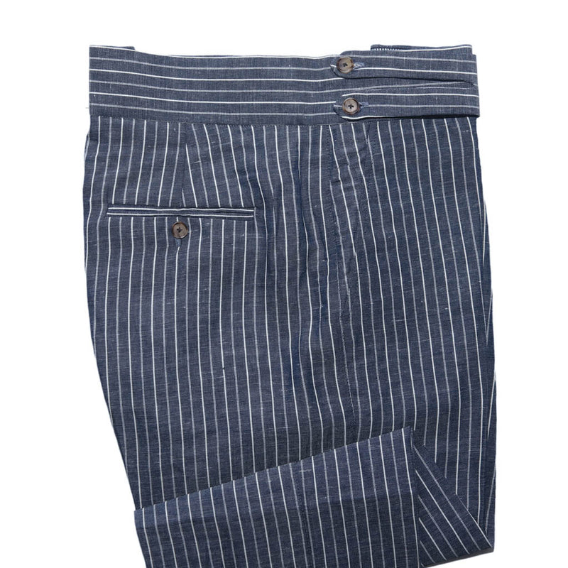 Men's Gurkha Pants Blue White Striped Cotton Slim High Waist Flat Front Dress Trousers 36