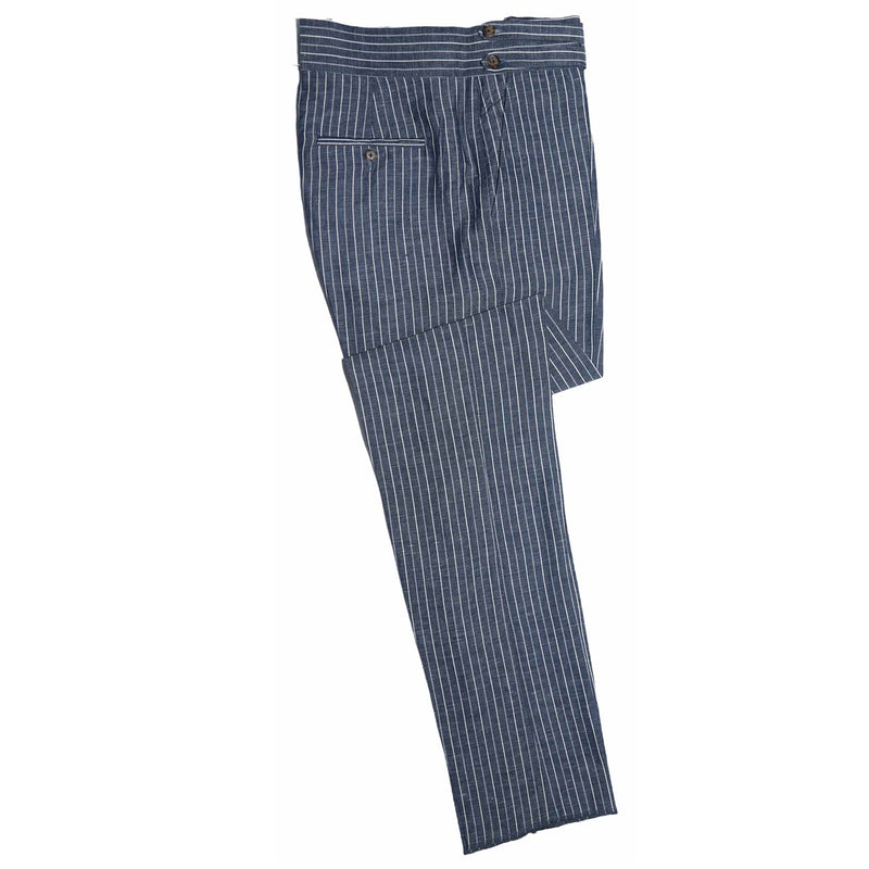 Men's Gurkha Pants Blue White Striped Cotton Slim High Waist Flat Front Dress Trousers 36