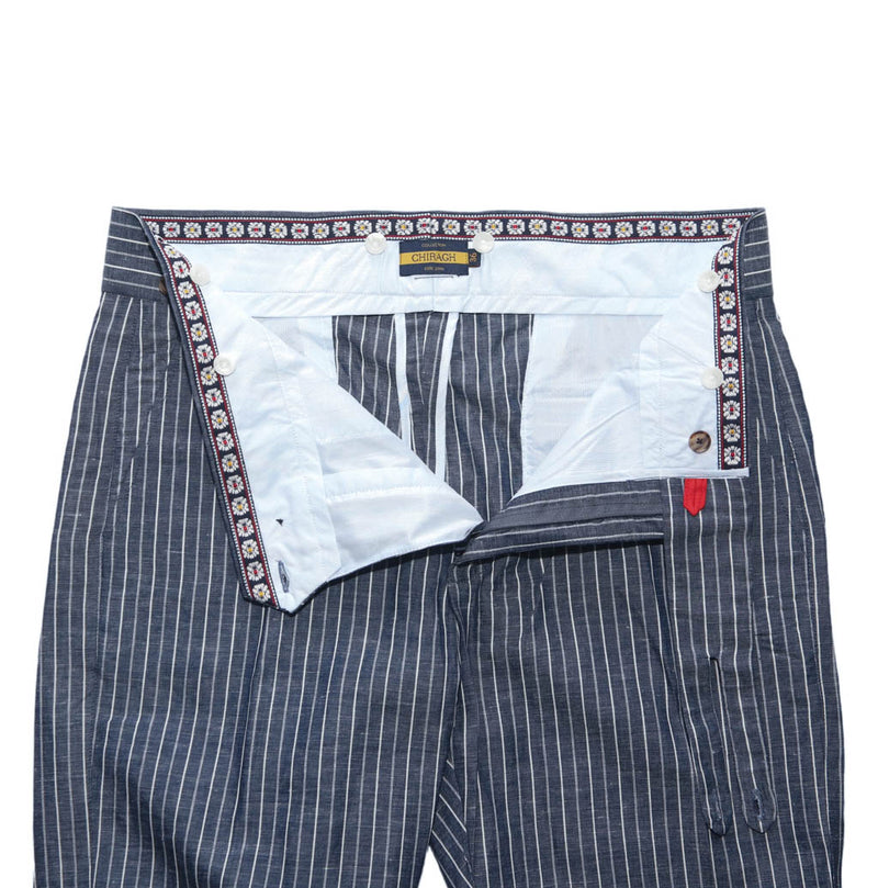 Men's Gurkha Pants Blue White Striped Cotton Slim High Waist Flat Front Dress Trousers 36