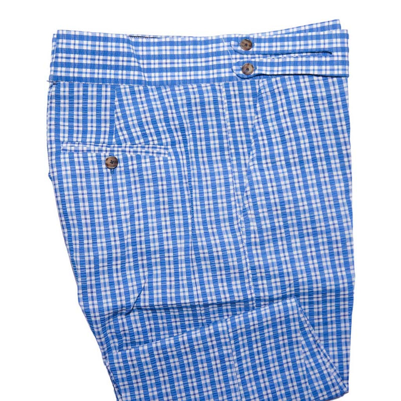 Men's Gurkha Pants Blue White Plaid Check Slim High Waist Flat Front Dress Trousers 36