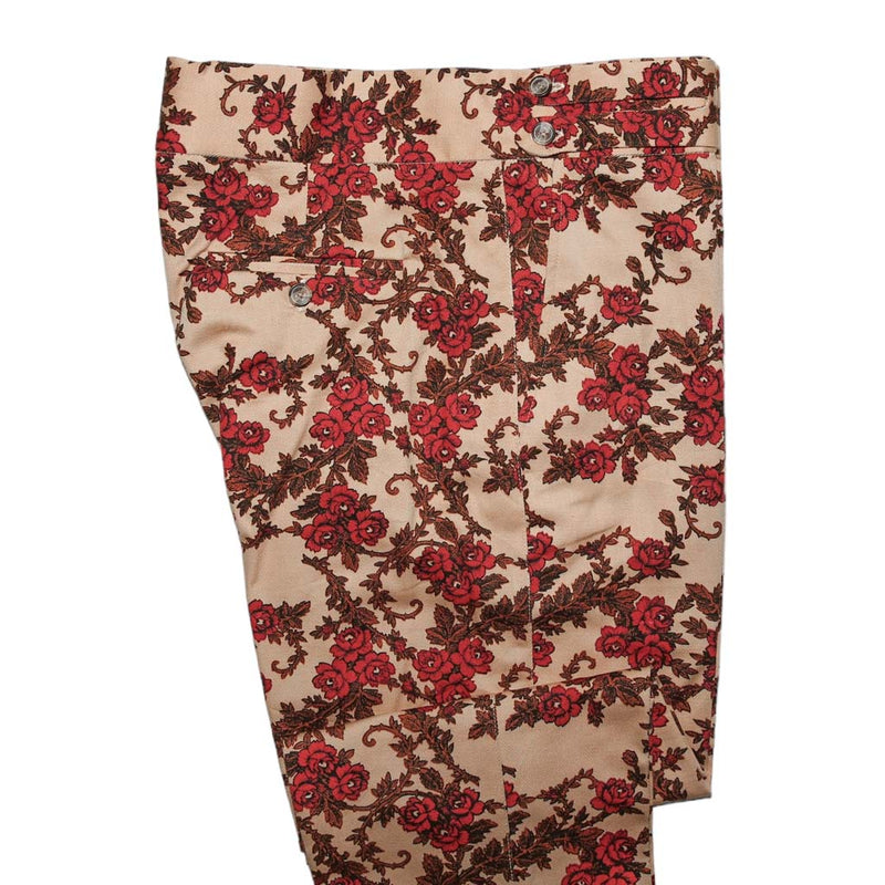 Men's Gurkha Pants Beige Orange Brown Floral Cotton Slim High Waist Flat Front Dress Trousers 34