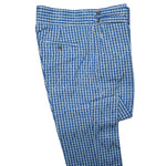 Men's Gurkha Pants Blue White Check Cotton Slim High Waist Flat Front Dress Trousers 34