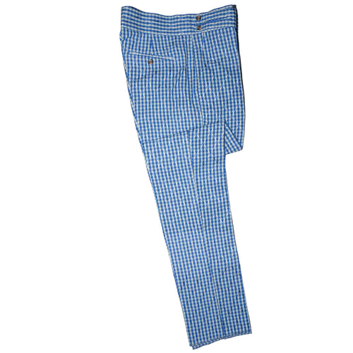 Men's Gurkha Pants Blue White Check Cotton Slim High Waist Flat Front Dress Trousers 34