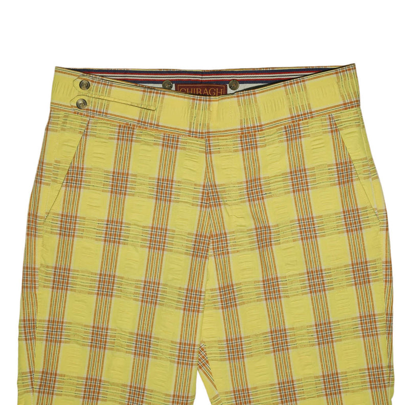 Men's Gurkha Pants Yellow Orange Plaid Check Cotton Slim High Waist Flat Front Dress Trousers 34
