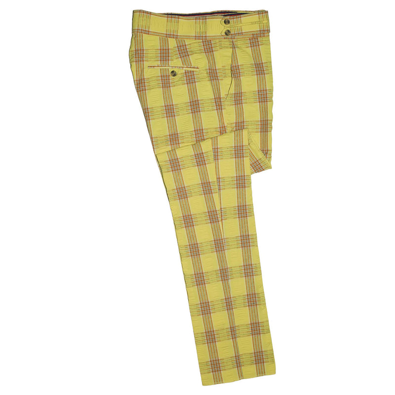 Men's Gurkha Pants Yellow Orange Plaid Check Cotton Slim High Waist Flat Front Dress Trousers 34