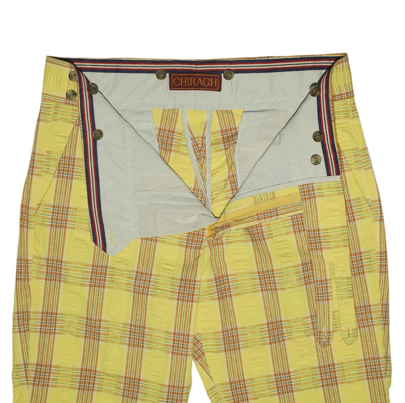 Men's Gurkha Pants Yellow Orange Plaid Check Cotton Slim High Waist Flat Front Dress Trousers 34