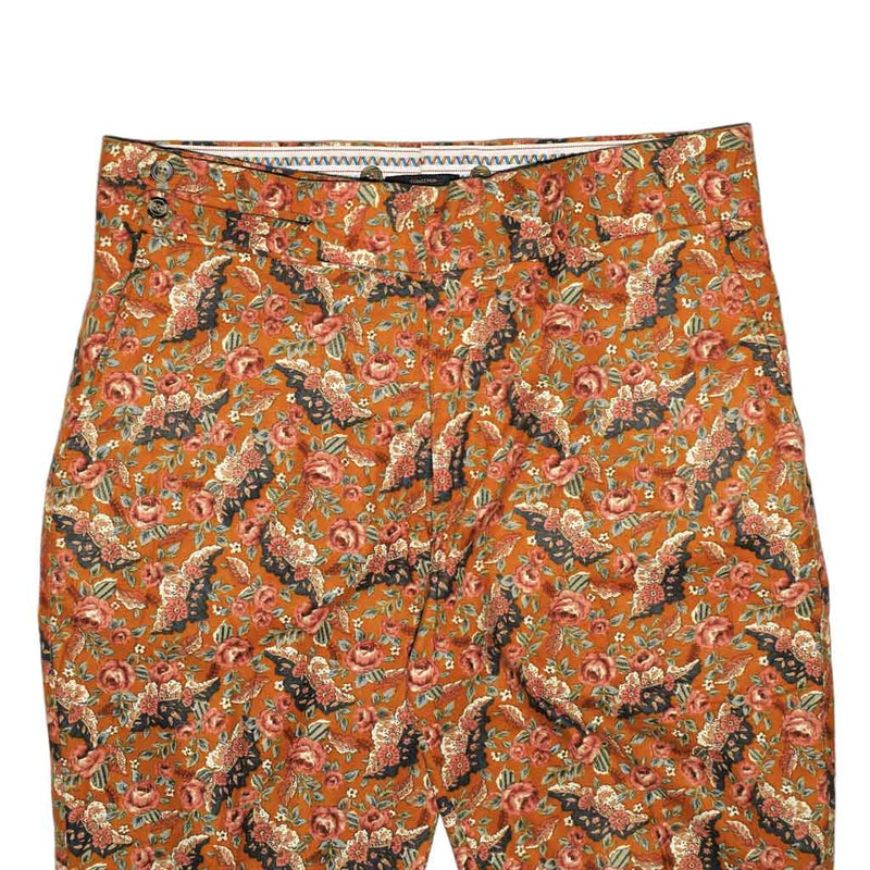 Men's Gurkha Pants Orange Floral Slim Straight High Waist Flat Front Dress Trousers 34