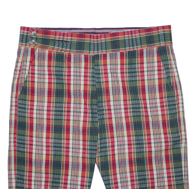 Men's Gurkha Pants Green Red Plaid Check Slim High Waist Flat Front Dress Trousers 34