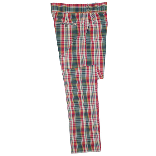 Men's Gurkha Pants Green Red Plaid Check Slim High Waist Flat Front Dress Trousers 34