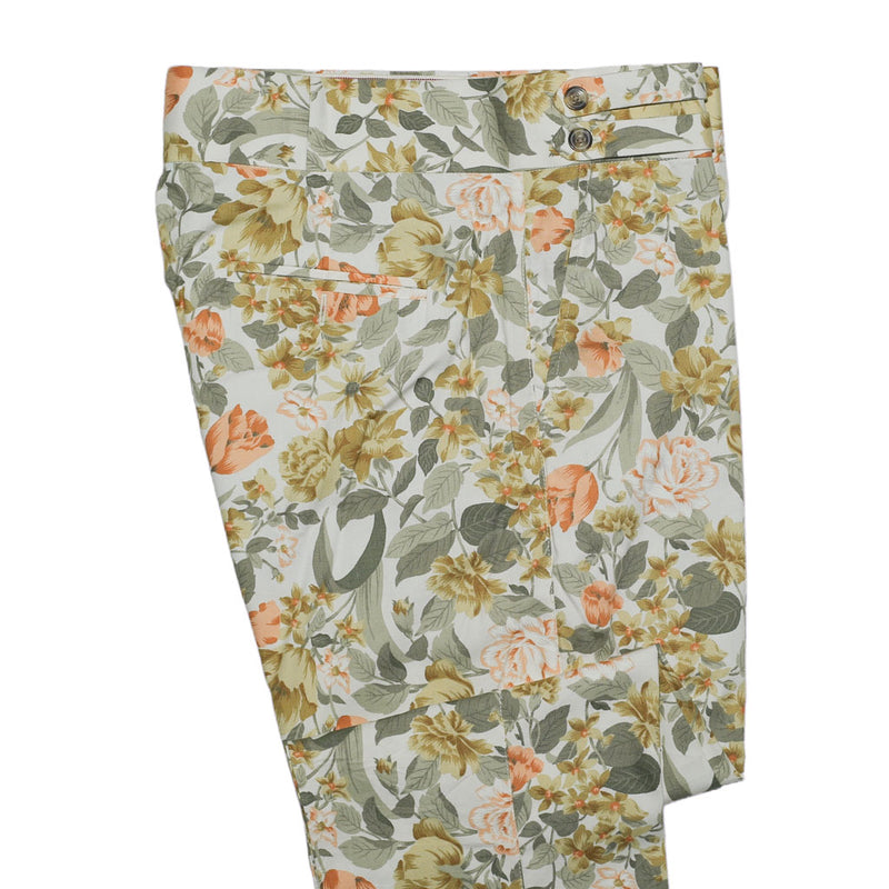 Men's Gurkha Pants Beige Green Orange Floral Cotton Slim Straight High Waist Flat Front Dress Trousers 34