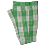 Men's Gurkha Pants Green White Plaid Check Slim High Waist Flat Front Dress Trousers 34
