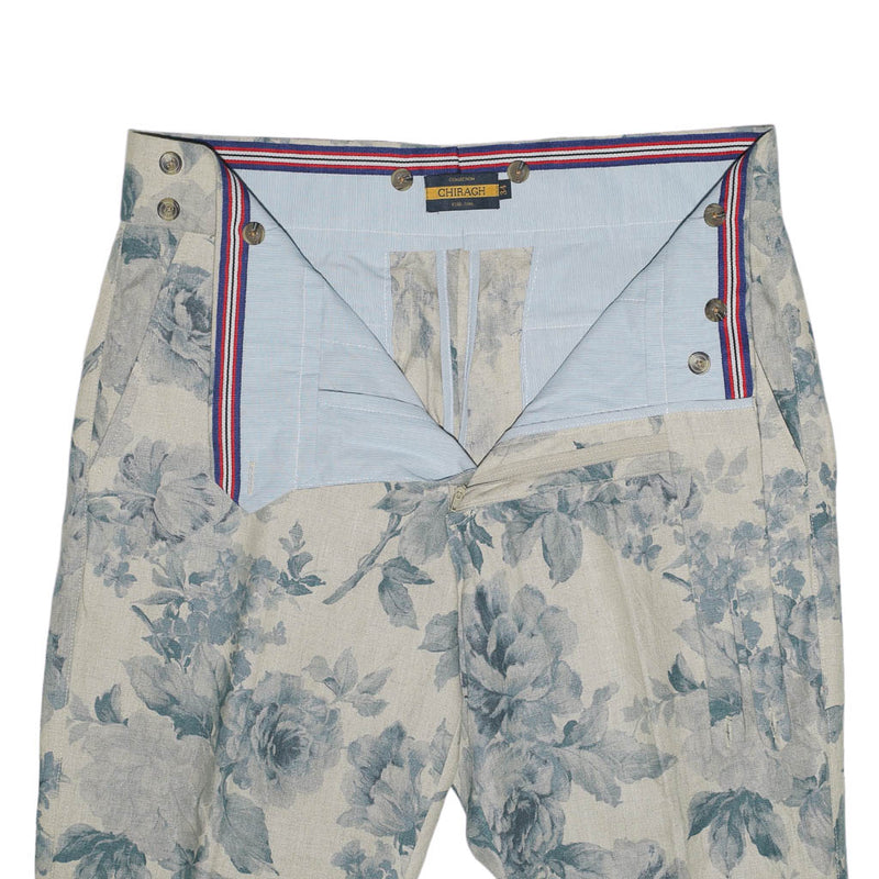 Men's Gurkha Pants Beige Blue Floral Cotton Slim Straight High Waist Flat Front Dress Trousers 34