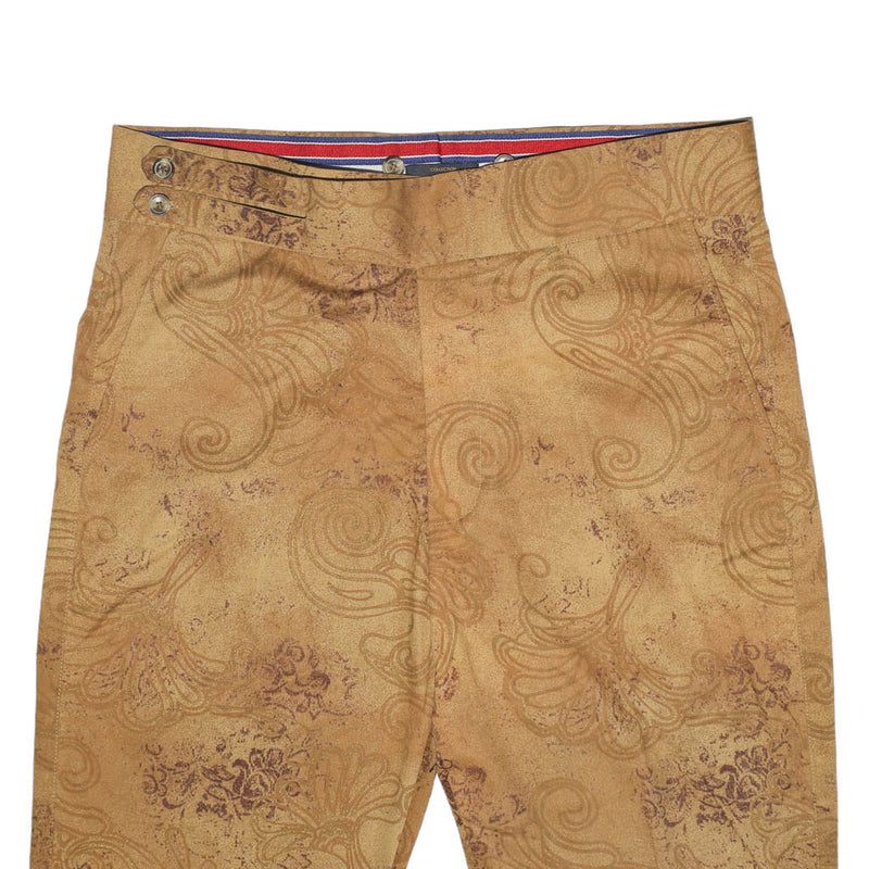 Men's Gurkha Pants Beige Floral Cotton Slim Straight High Waist Flat Front Dress Trousers 34