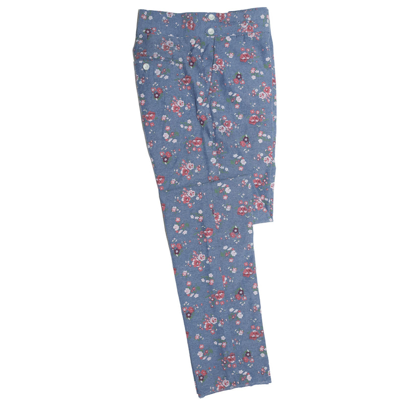 Men's Gurkha Pants Blue Pink Floral Cotton Slim High Waist Flat Front Dress Trousers 36