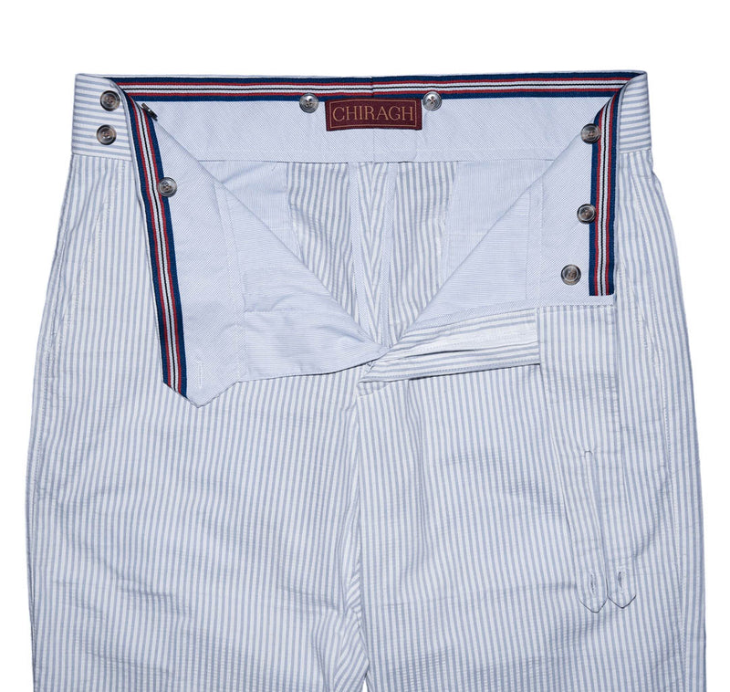 Mens Gurkha Pants Blue White Striped Seersucker Slim High Waist Flat Front 34