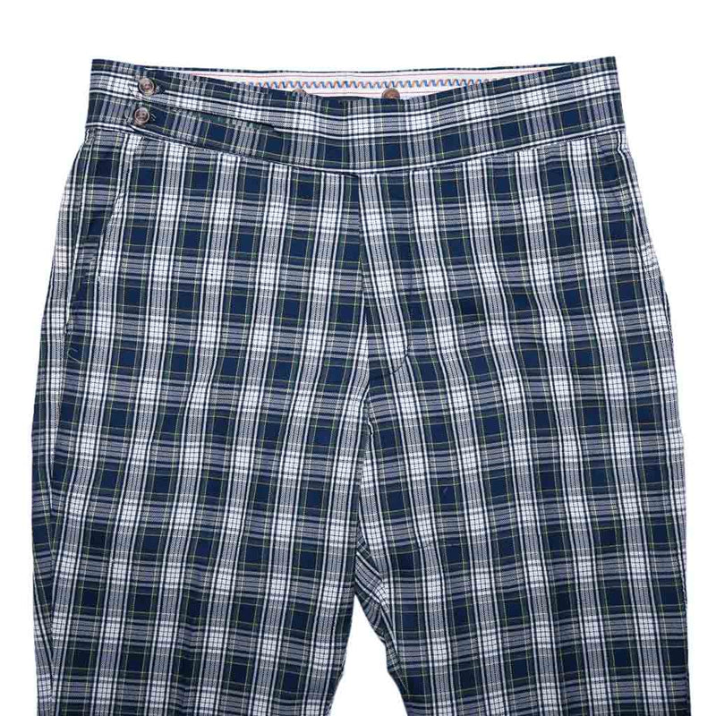 Mens Gurkha Pants Blue White Green Tartan Plaid Slim High Waist Flat Front 34